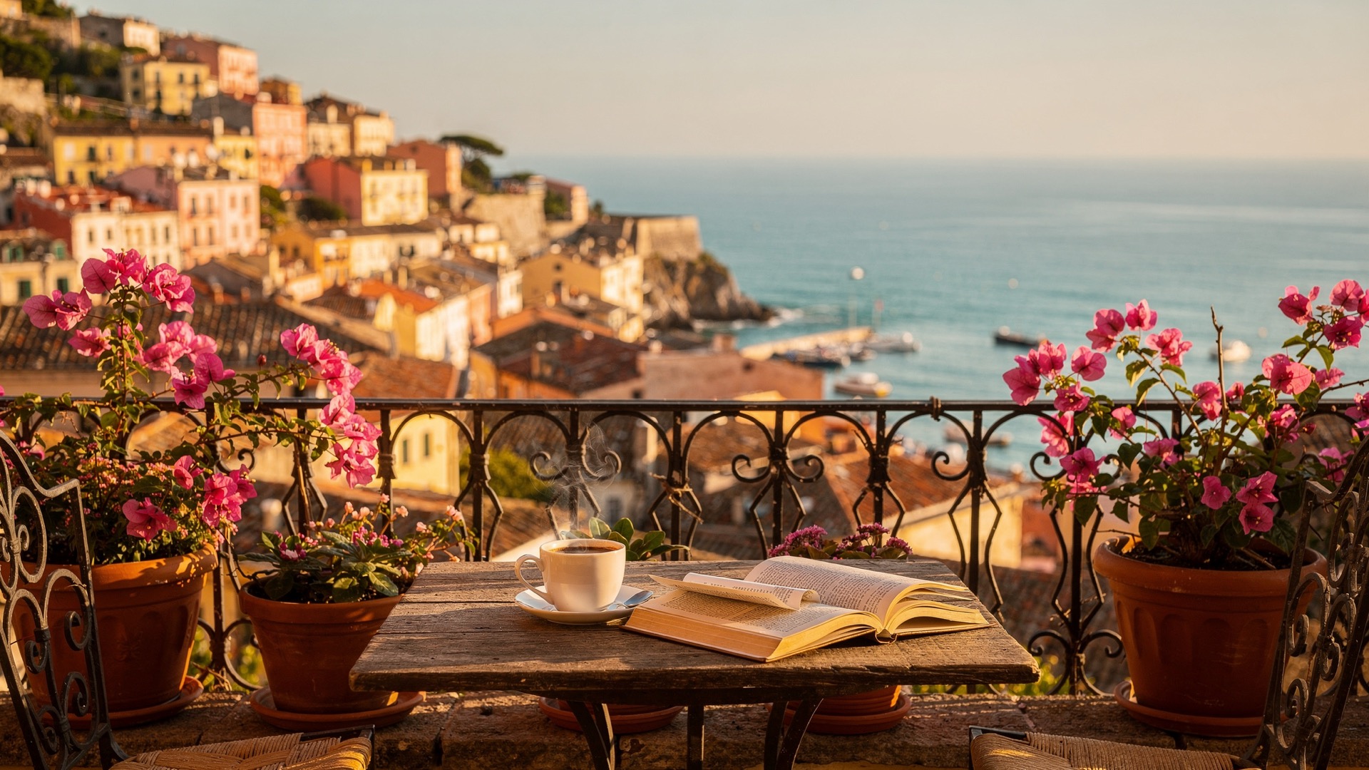 A sunlit coastal town in warm morning light, seen from a flower-lined terrace